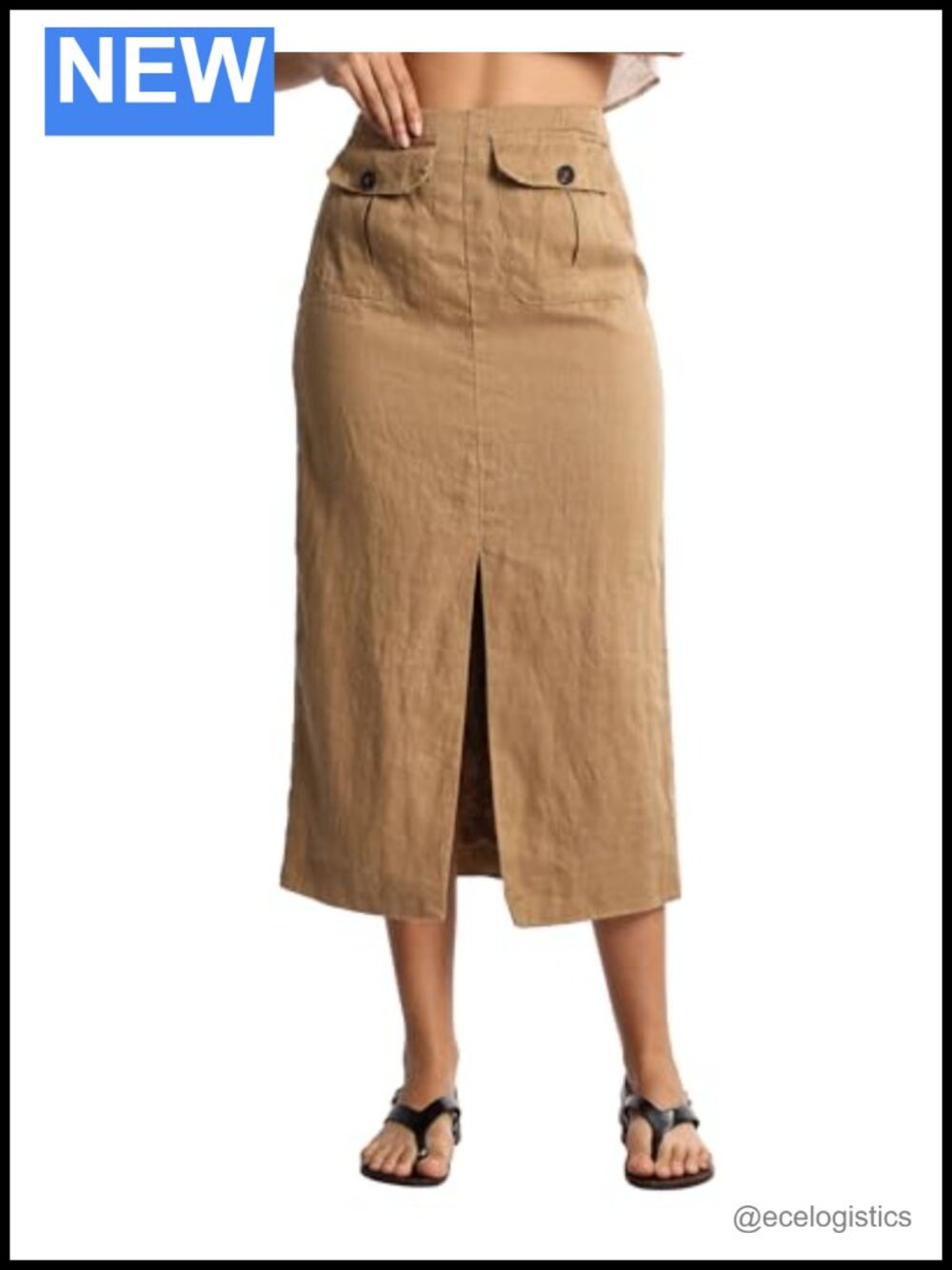 100% Linen Midi Skirt Straight Slit Pockets Casual